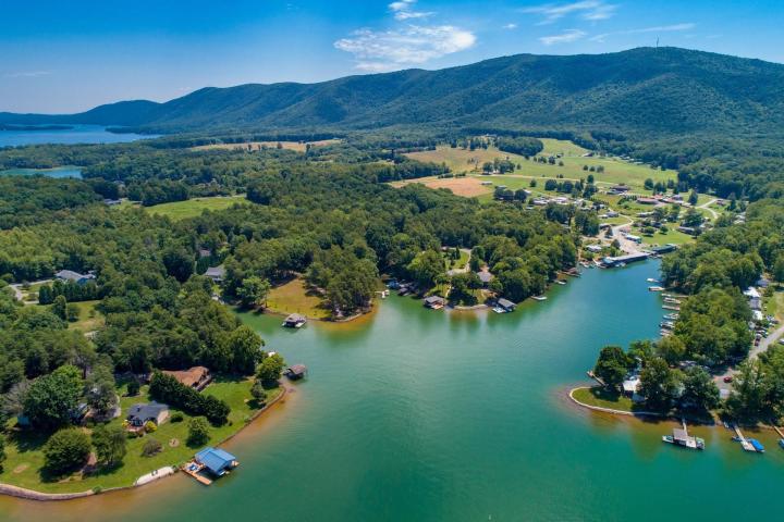 Aerial view of lake coves and shoreline homes